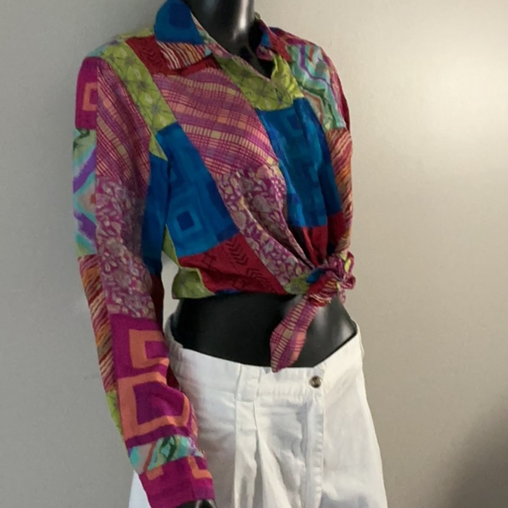 Chico's Pink and Blue Long Sleeve Button Down Shirt